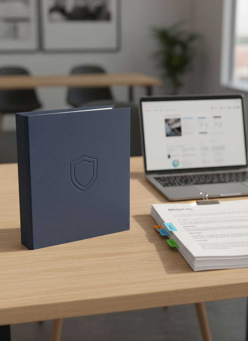 A neatly arranged workspace featuring a closed navy-blue health insurance folder with a subtle embossed shield logo, resting on a smooth light oak desk. Beside it lies a silver laptop displaying a blurred, professional health plan dashboard, and a tidy stack of white, clearly labeled policy documents with color-coded tabs. Soft midday natural light streams through an unseen window, creating gentle highlights on the folder’s textured cover and casting clean, calm shadows. Photographic realism from a slightly elevated, three-quarter angle, with shallow depth of field that keeps the folder and documents in sharp focus while the background fades into a soft, modern office blur. The mood feels trustworthy, organized, and reassuring, reflecting a streamlined, professional insurance guidance experience.