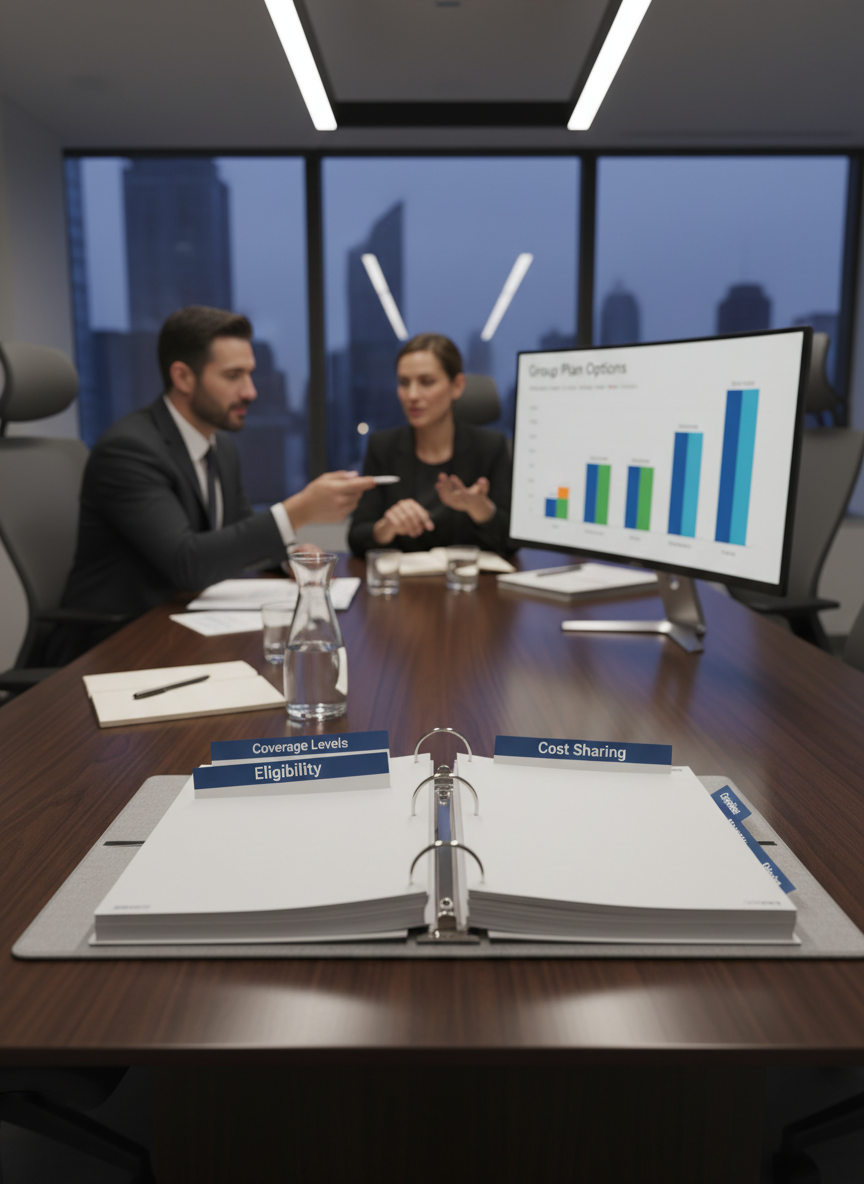 A modern conference table scene showcasing group health benefits planning, centered on a large, open binder with thick, tabbed sections labeled "Eligibility," "Coverage Levels," and "Cost Sharing" in navy text on white tabs. Beside the binder, a wide, ultrathin monitor displays a softly blurred bar chart comparing different group plan options. The table is a dark walnut finish, contrasting with the clean white and blue materials. Soft overhead office lighting creates even illumination and gentle, controlled shadows. Photographic realism from a slightly elevated angle with balanced composition and clear detail across the frame. The mood is strategic, collaborative, and highly professional, visually conveying structured group health insurance planning for businesses.