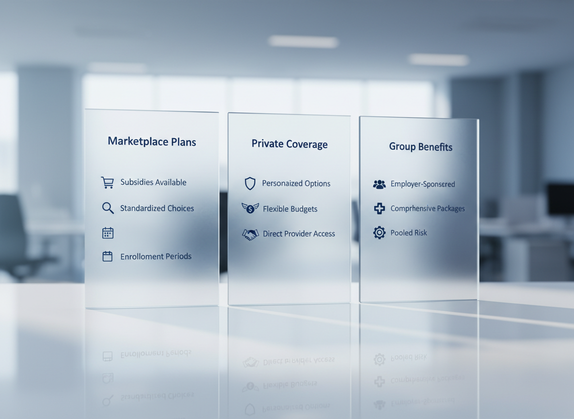 A clean, modern comparison board featuring three vertical, frosted-glass panels labeled "Marketplace Plans," "Private Coverage," and "Group Benefits" in sleek navy lettering, each with simple, icon-based bullet points below. The panels stand on a smooth white surface with a faint reflection, against a softly blurred background of a bright office with muted blue and gray tones. Cool, diffused daylight from the left creates subtle gradients across the glass and delicate shadows. Photographic realism at eye level with centered composition and sharp focus throughout, conveying clarity and structure. The atmosphere is calm, professional, and analytical, visually representing simplified health insurance options laid out side by side for easy comparison.