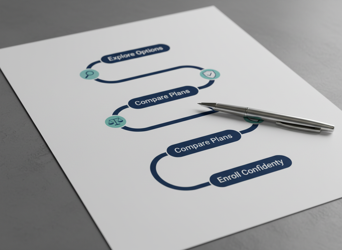 A detailed, close-up view of a health insurance roadmap infographic printed on thick matte white paper, spread across a slate-gray desk. The roadmap features a clear, winding navy-blue path with labeled milestones such as "Explore Options," "Compare Plans," and "Enroll Confidently," accented with soft teal and light gray icons. A sleek silver pen rests at the current step, suggesting active decision-making. Soft, indirect office lighting from above creates gentle shadows along the paper’s edges and a subtle sheen on the pen. Photographic realism with a slightly angled top-down perspective, sharp focus on the central section of the roadmap, and mild background blur. The mood is guided, step-by-step, and reassuring, emphasizing a structured, supportive insurance journey.