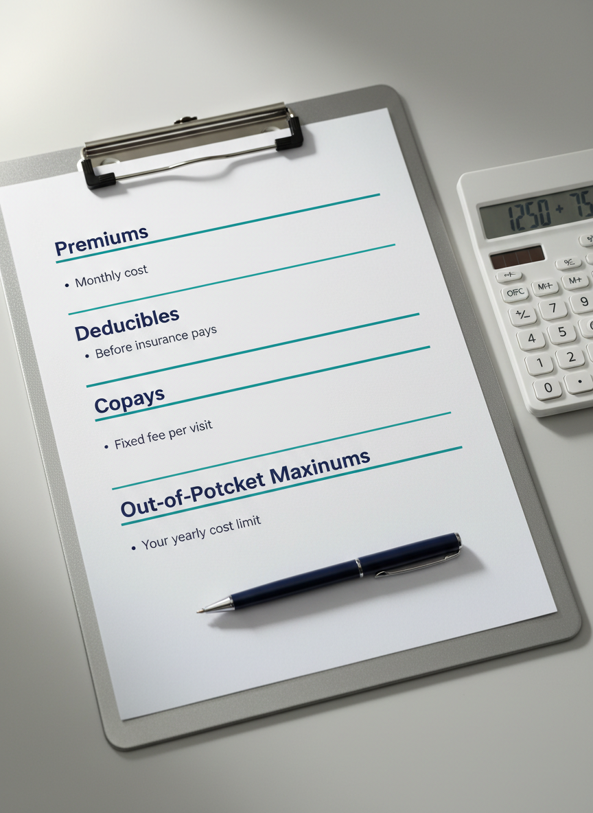 A close-up, photographic realistic image of a simplified health insurance benefits breakdown sheet clipped to a brushed metal clipboard, lying on a pale gray desk. The sheet features clearly separated sections for "Premiums," "Deductibles," "Copays," and "Out-of-Pocket Maximums" in navy headings with teal accent lines and easy-to-read bullet points. A matte-finish calculator sits to the side, its display showing a mid-calculation number, while a fine-tip navy pen rests at the bottom of the sheet. Soft, diffused daylight falls from the upper left, highlighting the paper texture and creating clean, minimal shadows. Shot from a slightly overhead perspective with sharp focus, the mood feels precise, calm, and empowering, emphasizing transparent cost understanding in health insurance decisions.
