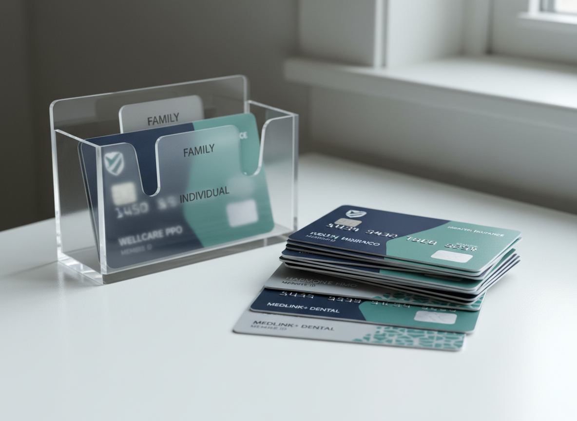 An organized stack of assorted health insurance cards placed on a smooth white surface, each card featuring different clean, modern designs in navy, teal, and soft gray, with subtle chip details and minimalistic logos. A semi-transparent, acrylic cardholder stands nearby containing labeled dividers like "Family," "Individual," and "Group." Soft, natural window light from the right creates crisp highlights on the card edges and gentle reflections on the acrylic, casting faint, orderly shadows. Photographic realism from a slightly elevated, close-up angle, focusing on textures and typography, with a softly blurred neutral background. The overall mood is professional and reassuring, symbolizing tailored coverage options that are neatly categorized and easy to understand.