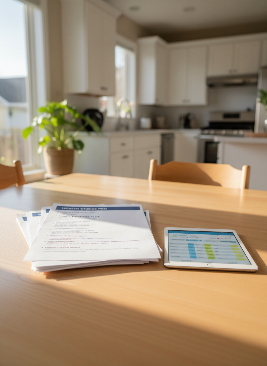 A serene home environment with a neatly arranged dining table featuring a stack of clearly printed health insurance plan summaries on crisp white paper, each page topped with a bold, navy title bar and organized bullet sections. A slim tablet rests beside the stack, displaying a simplified, colorful plan comparison chart. The table surface is warm light wood, complemented by a subtle, blurred background of a bright, tidy kitchen. Late afternoon natural light filters in from a side window, creating a warm, inviting glow and soft shadows. Photographic realism with a medium, eye-level composition and moderate depth of field that keeps the documents and tablet in sharp focus. The atmosphere is calm, approachable, and home-friendly, representing health coverage decisions made with clarity and ease.